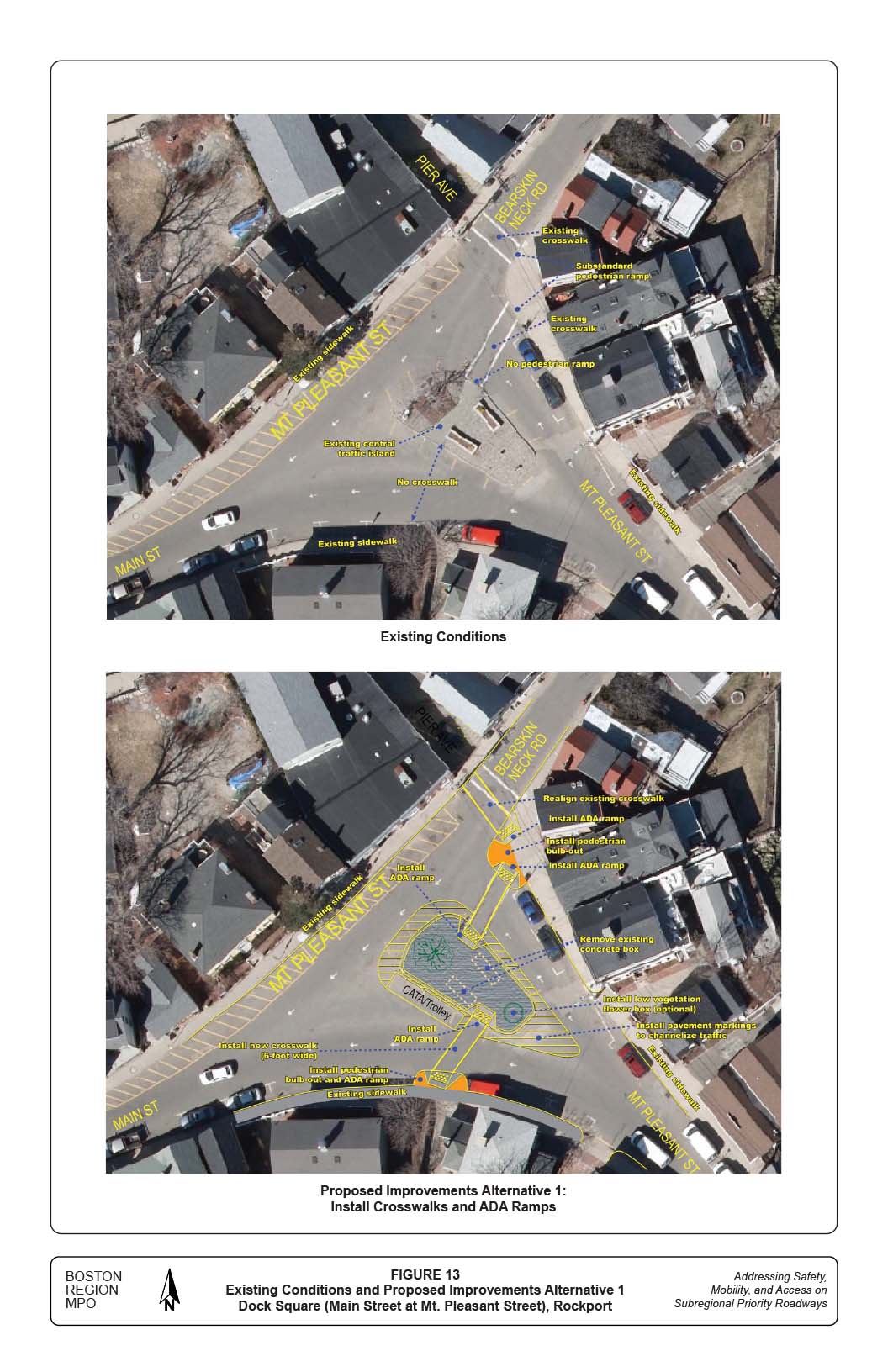 FIGURE 13. Existing Conditions and Proposed Improvements Alternative 1 Dock Square (Main Street at Mt. Pleasant Street), Rockport
This figure contains two aerial-view maps of the intersection of Dock Square (Main Street at Mt. Pleasant Street), Rockport in the study area. The maps denote, with both text and pointing arrows, the existing conditions and proposed improvements.
1)	The first image, Existing Conditions, cites (in a clock-wise direction): Existing crosswalk; substandard pedestrian ramp; no pedestrian ramp; existing sidewalk; no crosswalk; existing sidewalk; existing central traffic island; and existing sidewalk.
2)	The second image, Proposed Improvements, Alternative 1, cites (in a clock-wise direction): Realign existing crosswalk; install ADA ramp; install pedestrian bulb-out; install ADA ramp; remove existing concrete box; install low vegetation flower box (optional); install pavement markings to channelize traffic; existing sidewalk; install ADA ramp; existing sidewalk; install pedestrian bulb-out and ADA ramp; install new crosswalk (6-foot wide); existing sidewalk; install ADA ramp. 

